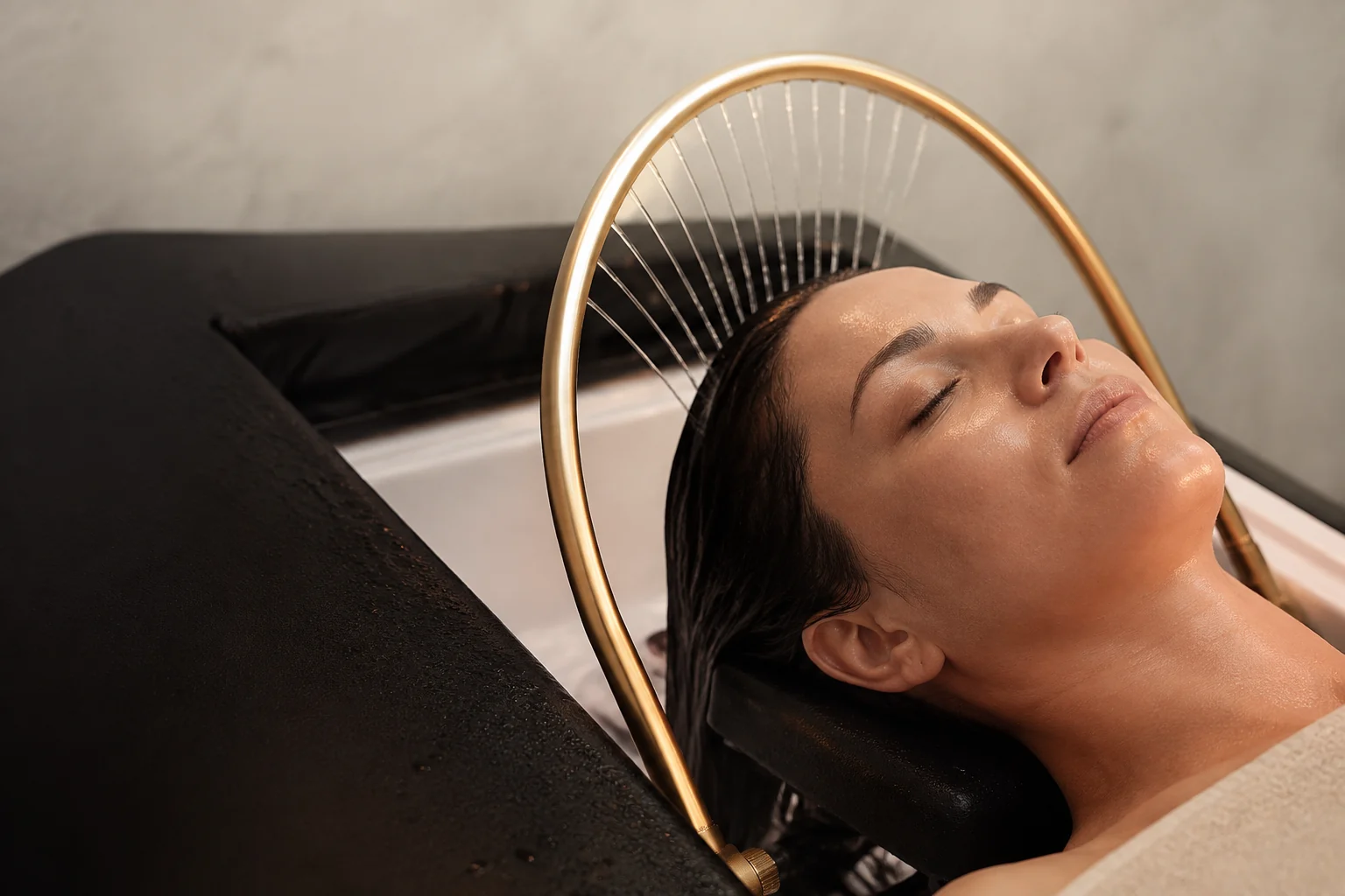 Editorial illustration of a warm-water scalp rinse, based on the studio’s gold water arch and black leather bed.